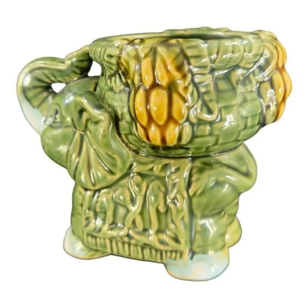 Vintage Majolica Style Ceramic‎ Elephant Dish Bowl Candle Votive Holder Green